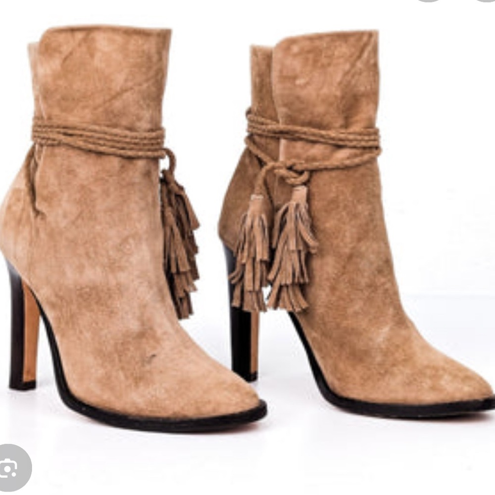 Joie Tan Suede Heeled Boots with Tassels